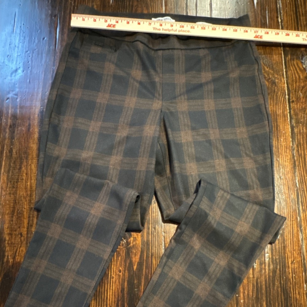 Nine West Heidi Black Brown Plaid Skinny Stretch Flat Front Pants Size L EUC